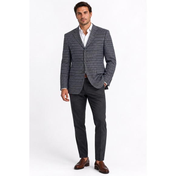 Burberry Other - Burberry London Kensington 44L Blue Grey Plaid Linen Wool Linen 3 Button Blazer